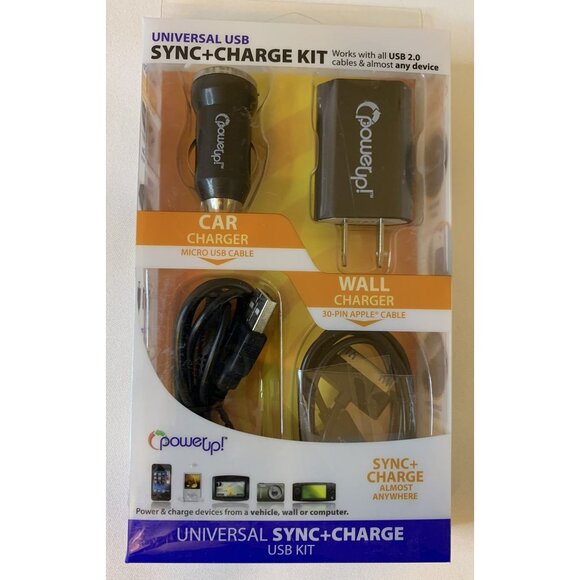 PowerUp Universal USB Sync+Charge Kit Car and Wall Chargers Micro USB 30-Pin NEW - Picture 1 of 8